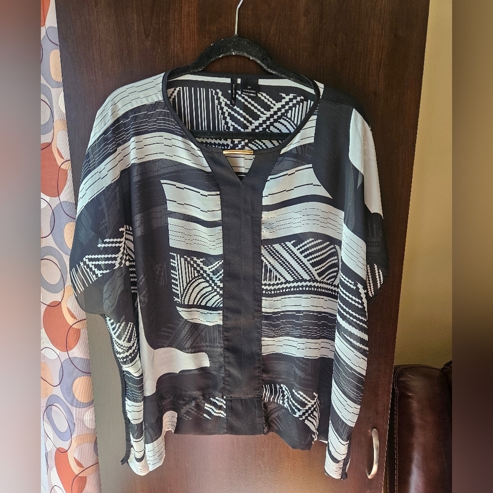 New Directions Sheer Black and White Patterned Blouse Size XL